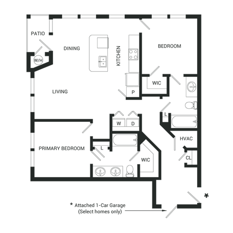 Floor plan for 2 beds, 2 baths, 1068 sqft